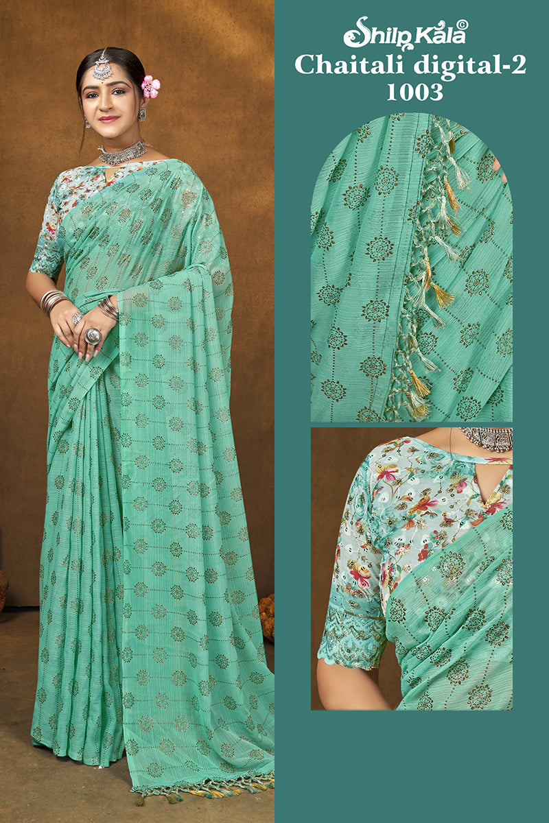 Blue Digital Printed Saree With Untsitched Blouse – Odette